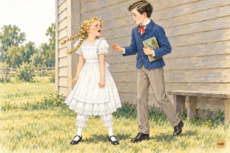 Behind the schoolhouse at noon, Becky wheels on Alfred in a burst of angry misery.