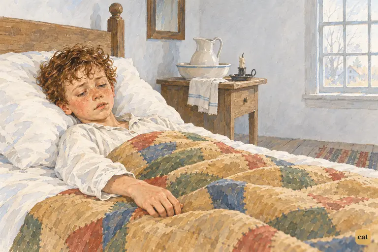 Tom lies flat and limp in his sickbed, pale and feverish, with the measles rash on his face.