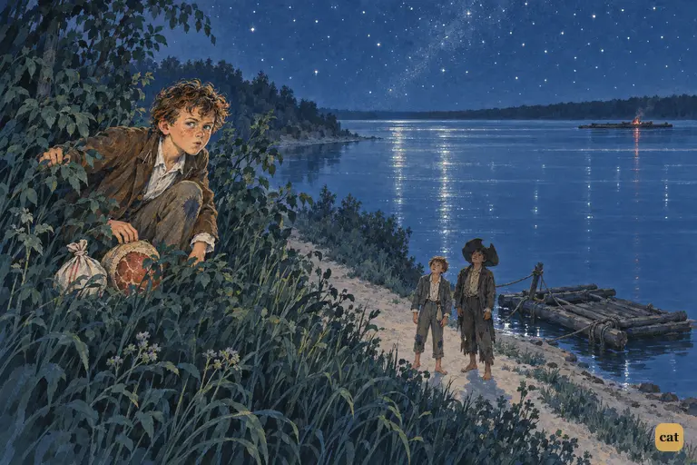 At midnight Tom crouches with his stolen ham on a bluff above the starlit Mississippi