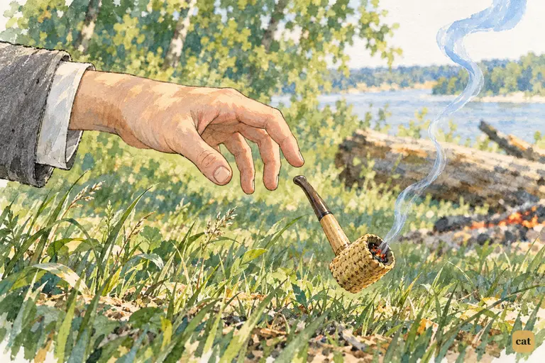 Joe's limp hand lies in the grass as his first corncob pipe slips from his fingers