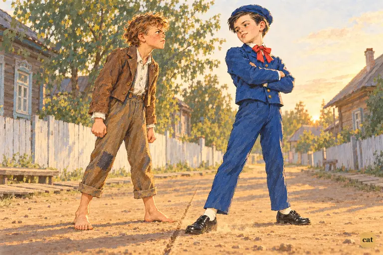 The new boy takes Tom's dare and steps over the line in the dust.