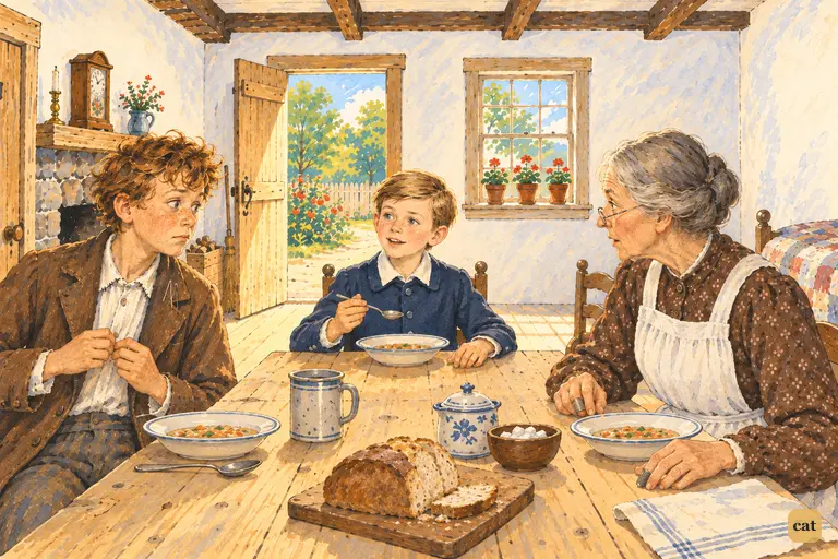 At supper, Sid calmly points out that Tom's collar is sewn with black thread instead of white.