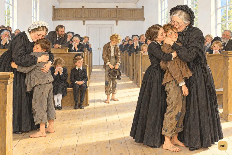 The funeral turns into a joyful reunion as two families smother their "drowned" boys with kisses.