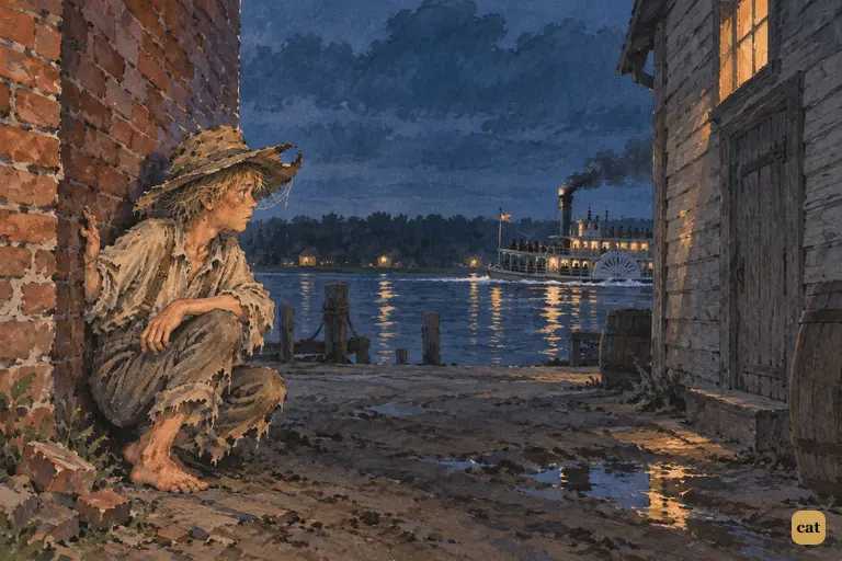 On a cloudy night, Huck squats by the old brick store and watches a silent ferry pass