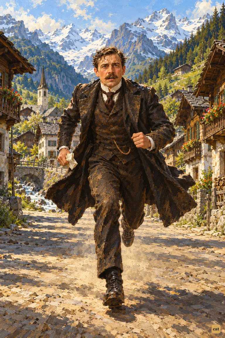Watson sprints down the empty Meiringen street, the hoax letter crumpled in his fist