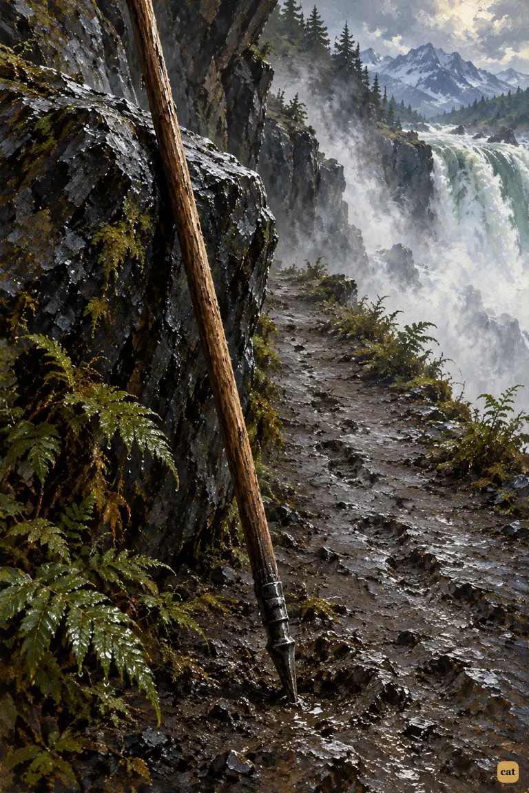 Holmes's alpine-stock stands alone against the wet black boulder, the only trace of him