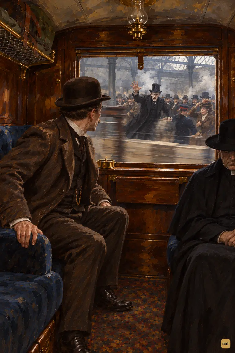 A tall figure in black shoves through the Victoria crowd, waving for the train to stop