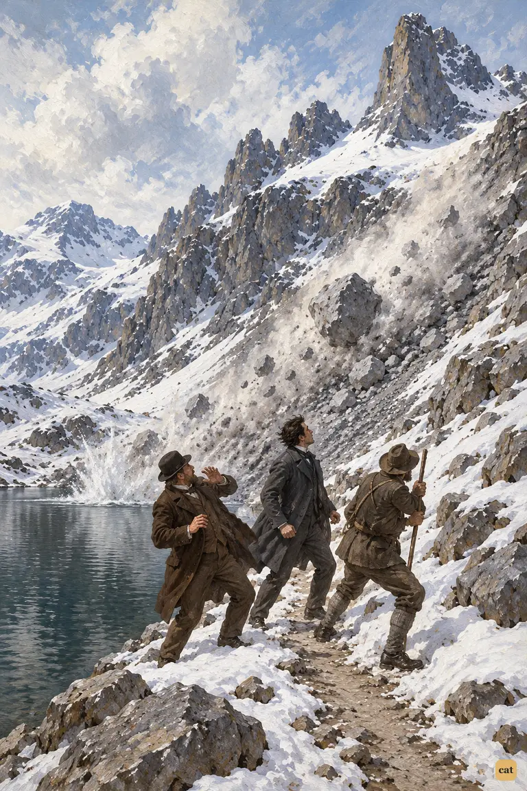 A boulder roars down the scree behind Watson, Holmes and their guide by the Daubensee