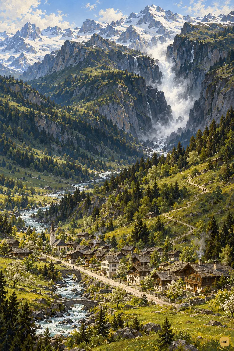 The peaceful Meiringen valley lies under the mountains; a dark gorge breathes spray