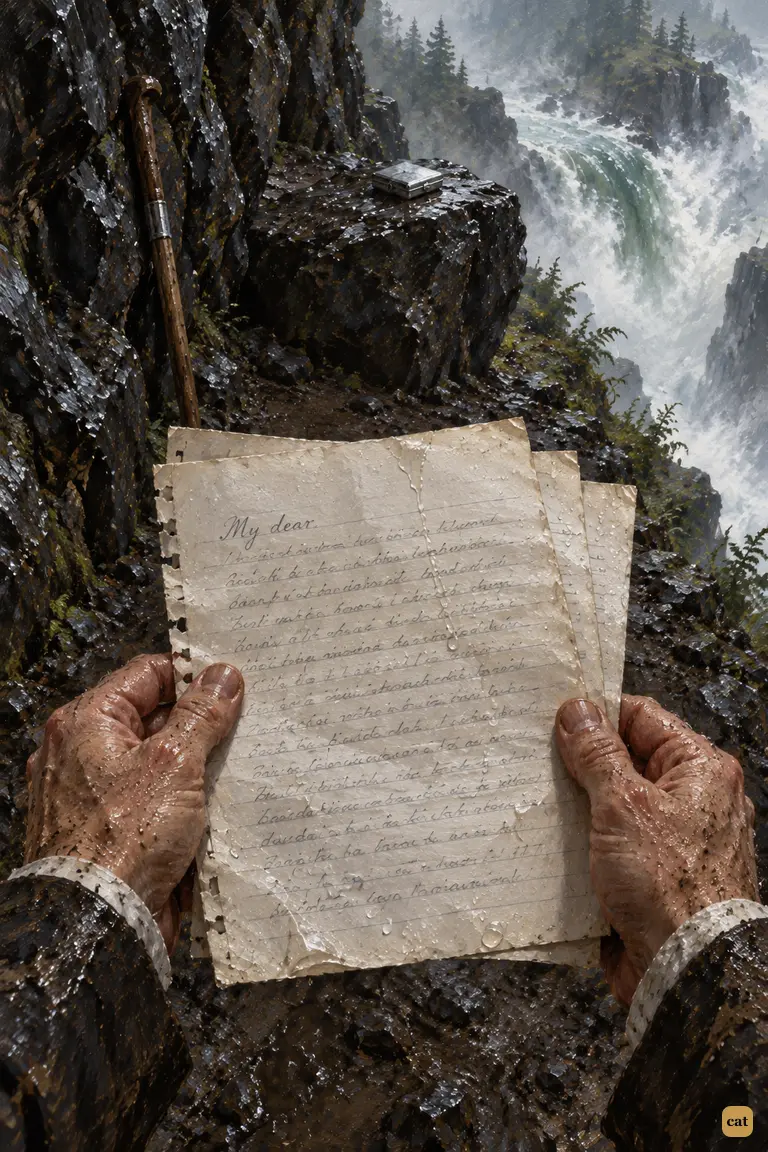Watson's trembling hands hold three torn note-book pages written in Holmes's calm pencil