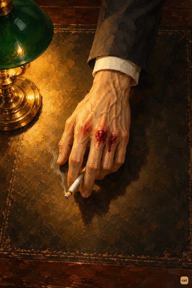 Under the green-shaded lamp, Holmes shows Watson two torn, bleeding knuckles