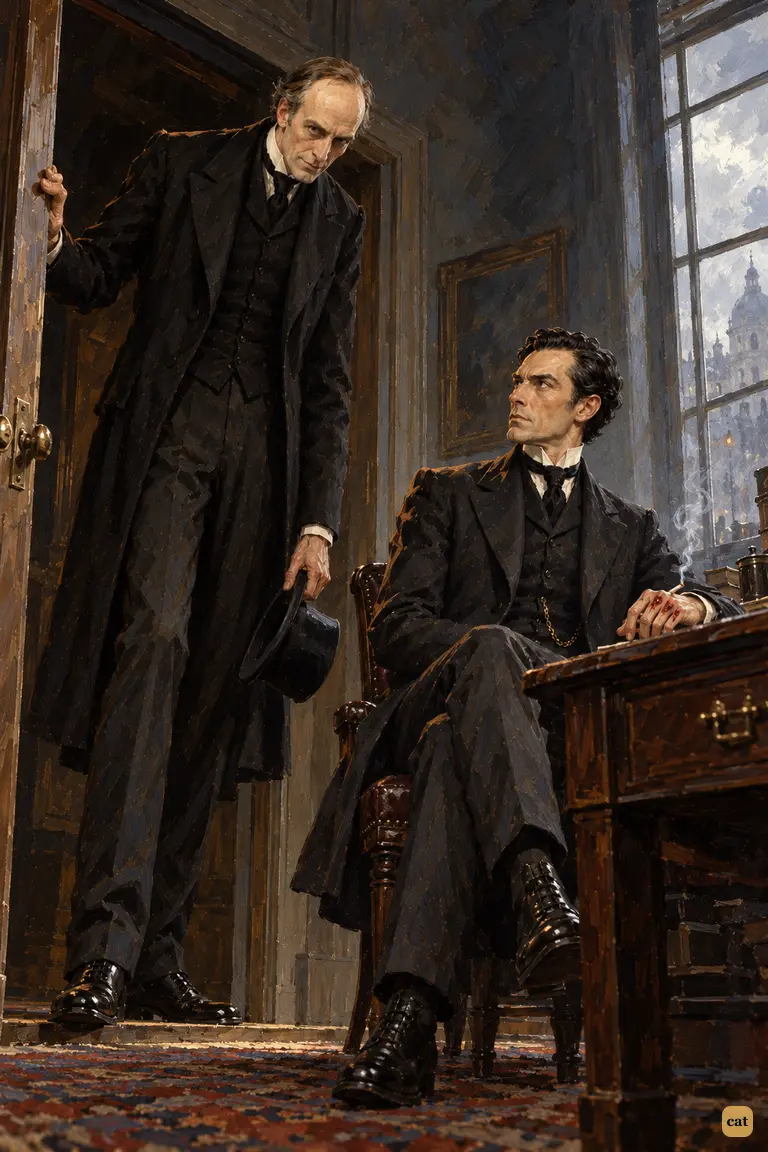 Tall, stooped Moriarty fills the doorway, swaying his head and peering at the detective