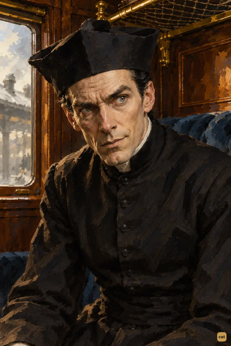 The old Italian priest's disguise breaks: half his face is smooth, his grey eyes blazing