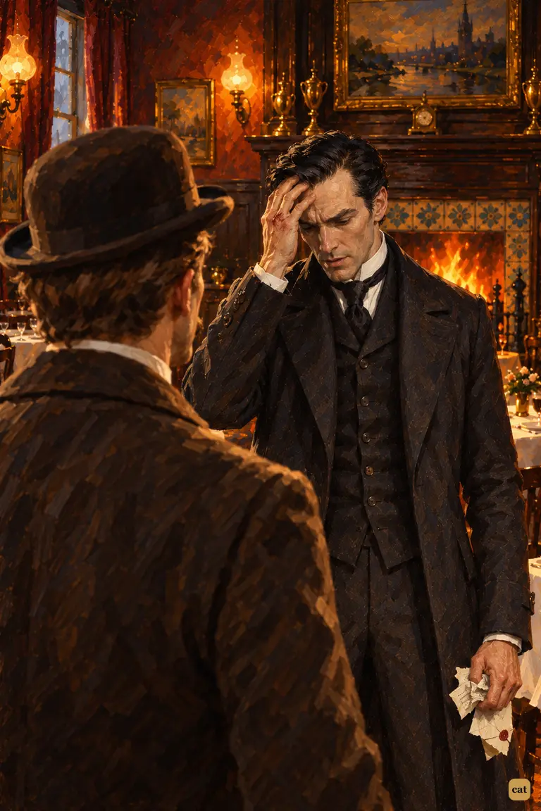 In Strasburg, Holmes presses a hand to his brow: the telegram says Moriarty has escaped