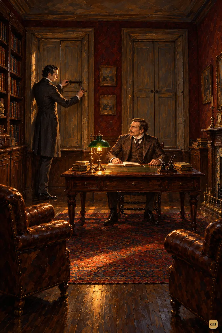 Holmes bolts the closed shutters in the lamp-lit room while Watson watches from his desk