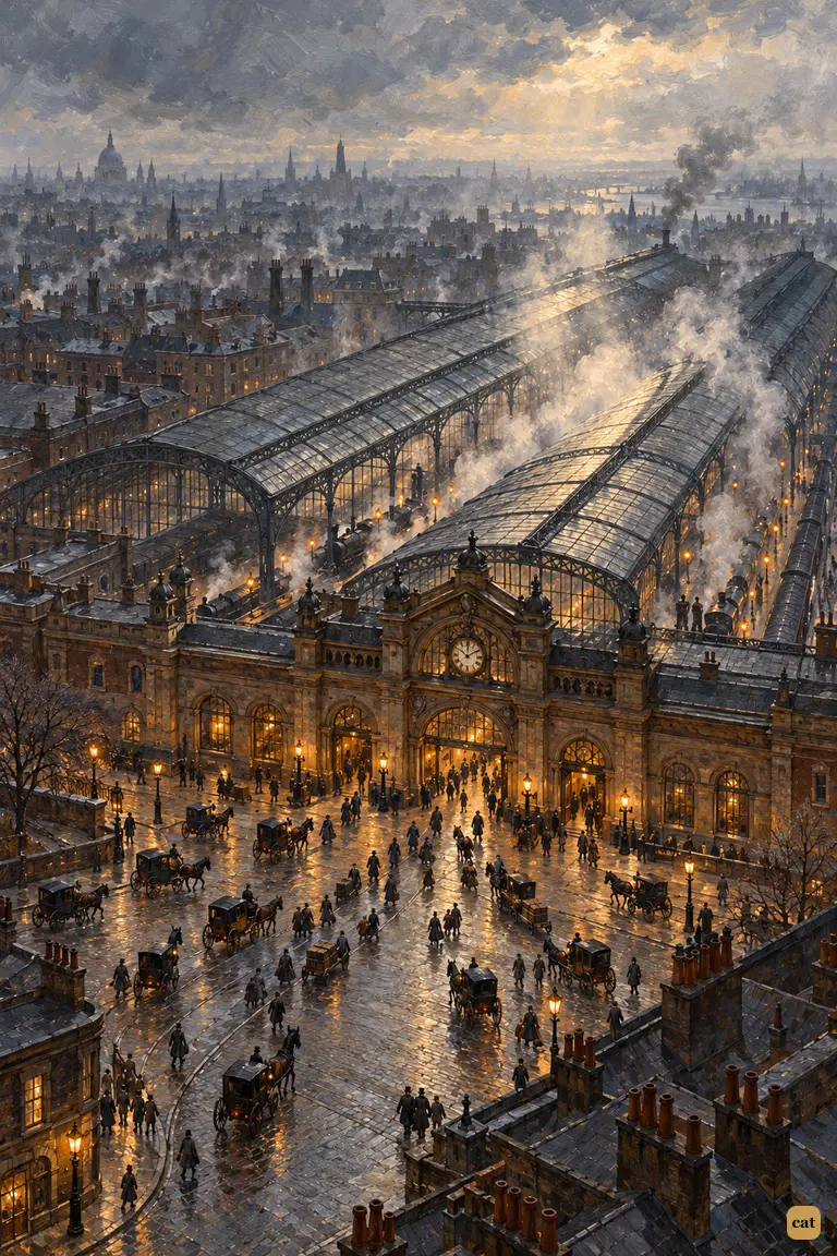 Cabs converge on smoky Victoria Station beneath its soot-dark iron-and-glass shed