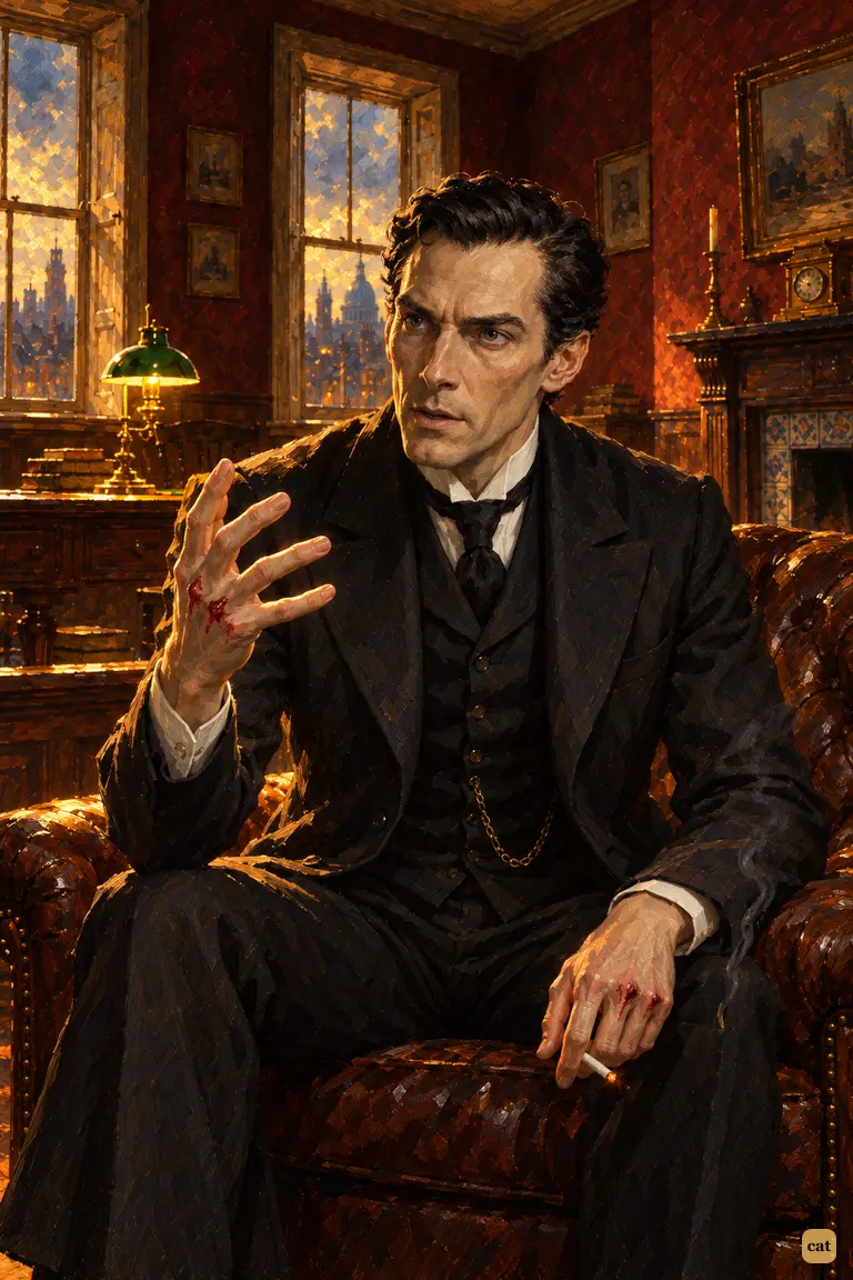 Holmes leans forward in his armchair, tracing an unseen web, a cigarette in his hand
