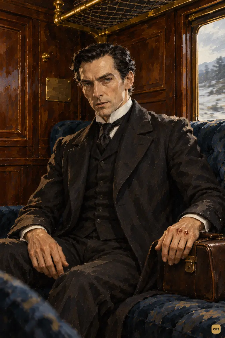 Holmes sits upright in the dark compartment of the Continental Express, gazing at Watson