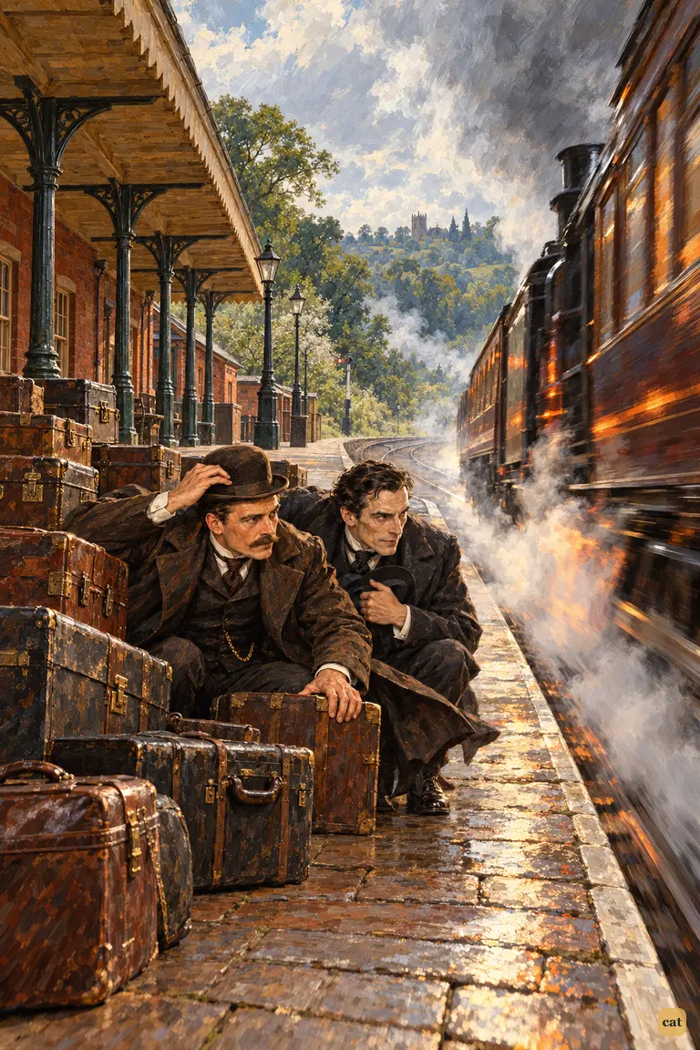 Behind luggage at Canterbury, Holmes and Watson hide as Moriarty's special thunders past