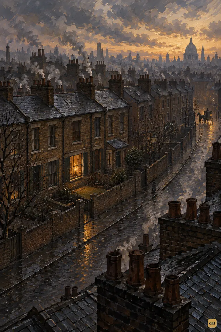 Watson's ground-floor window glows amber in a soot-dark London terrace at dusk