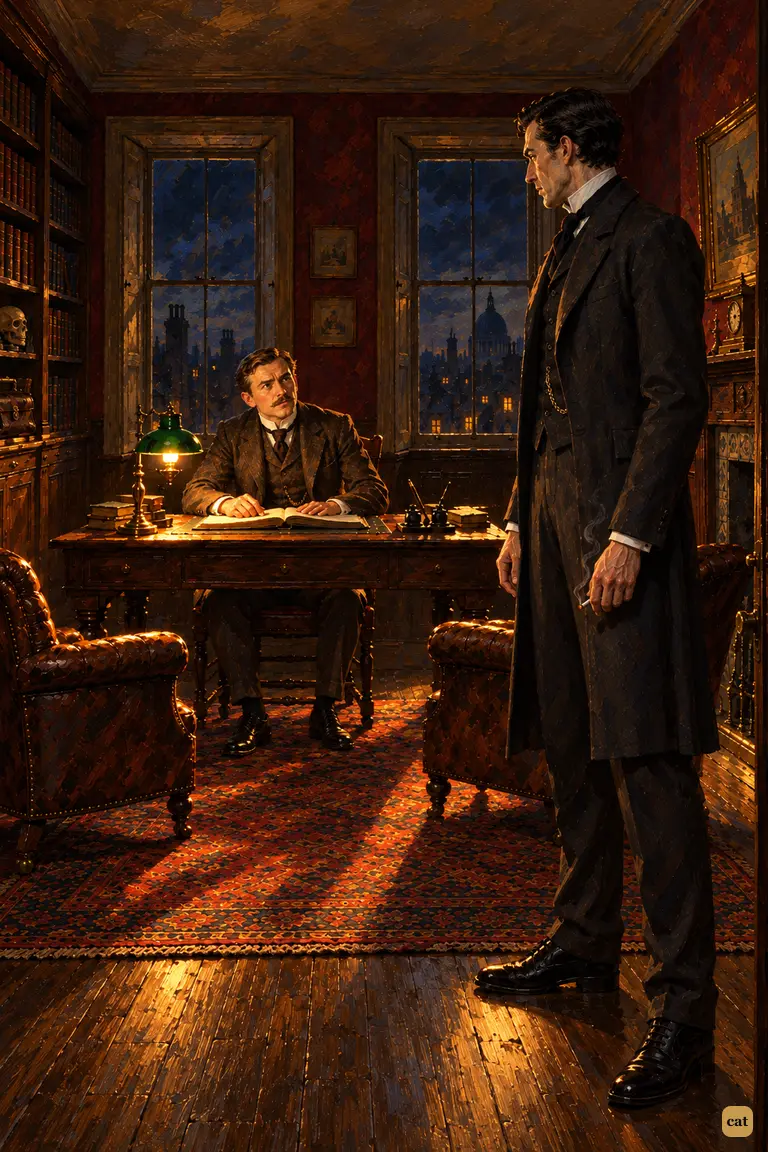 Pale, gaunt Holmes stands in the doorway as Watson looks up from his book with concern