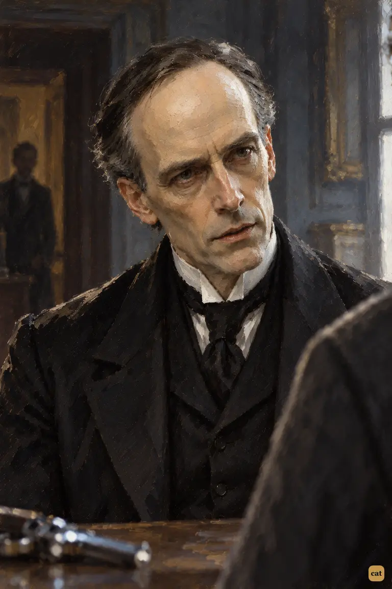 Moriarty sorrowfully shakes his head, telling Holmes he will never stand in the dock