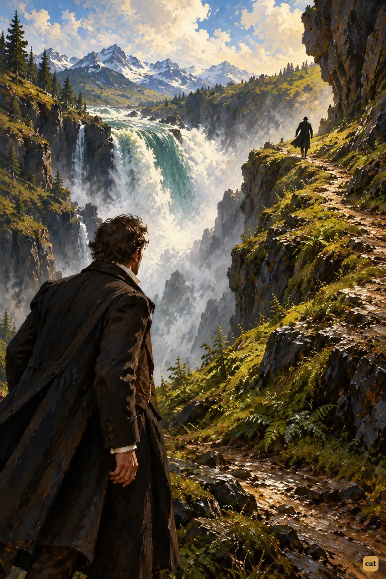 A doctor looks back up the hillside at a small black figure striding toward the falls
