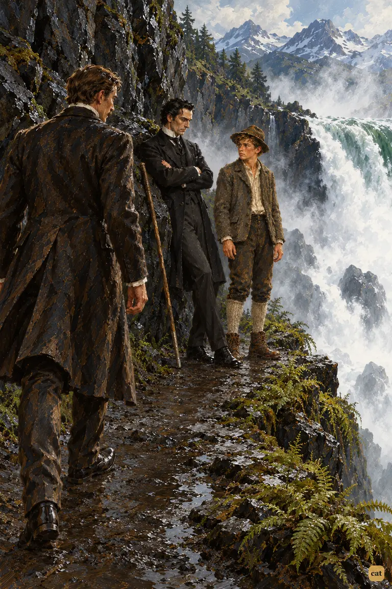 Above the Reichenbach chasm, Holmes leans on a boulder, arms folded, beside the Swiss lad