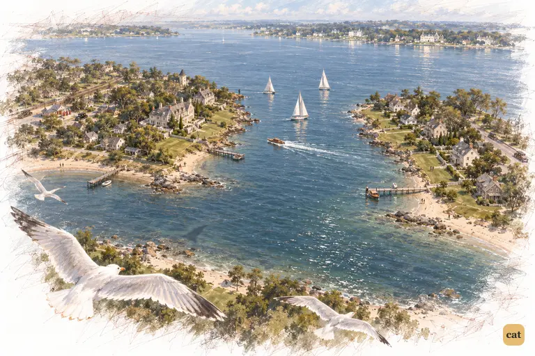 From above, two green peninsulas of the same shape face each other across a calm bay