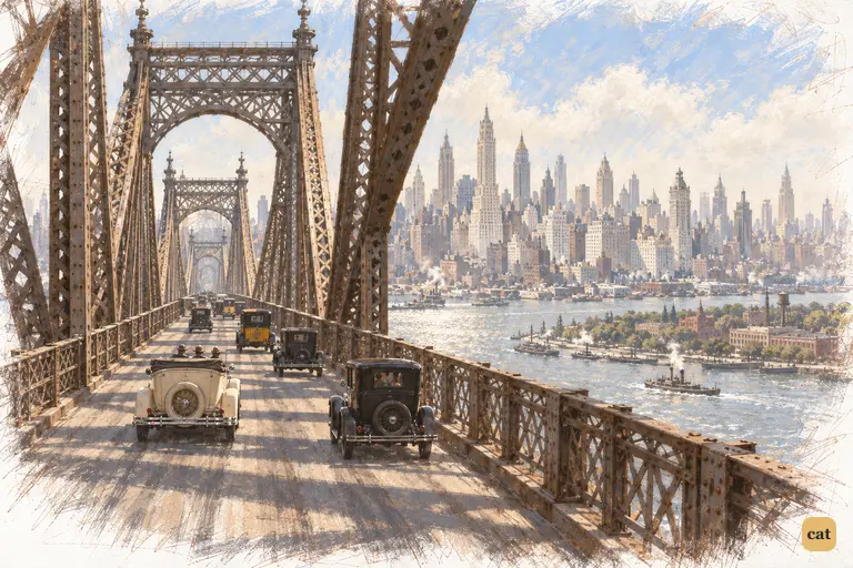 Seen through the Queensboro Bridge girders, Manhattan rises white across the river