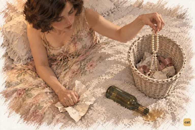 Before her wedding, drunk Daisy pulls Tom's pearls from a wastebasket, gripping a letter