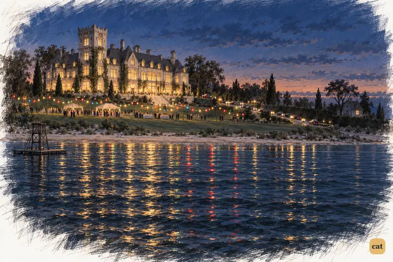 At summer dusk, Gatsby's mansion blazes with coloured lights over the dark Sound