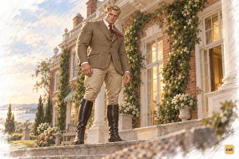 Tom Buchanan stands legs apart atop his porch steps in riding boots, eyeing the guest