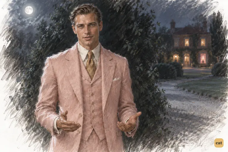 Gatsby stands against the dark bushes in the moonlight in his glowing pink suit.