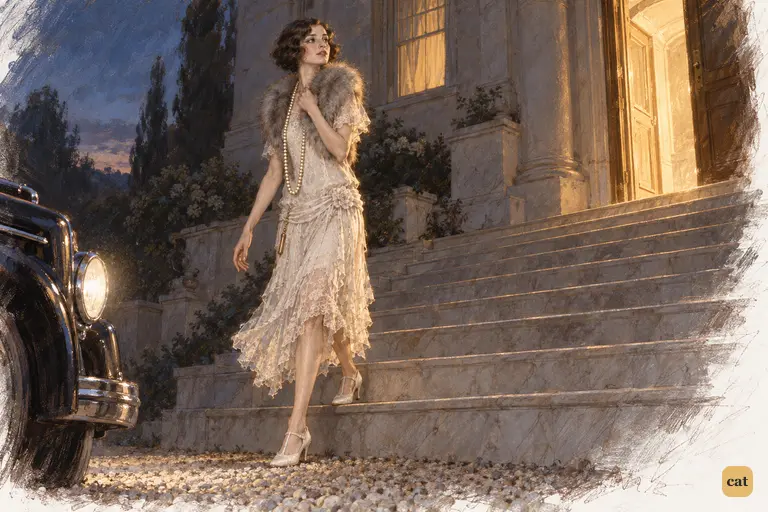 Daisy looks back from Gatsby's marble steps at the lit, empty doorway as a waltz plays