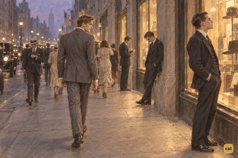 On Fifth Avenue at twilight, Nick passes lone young clerks and sees his own loneliness