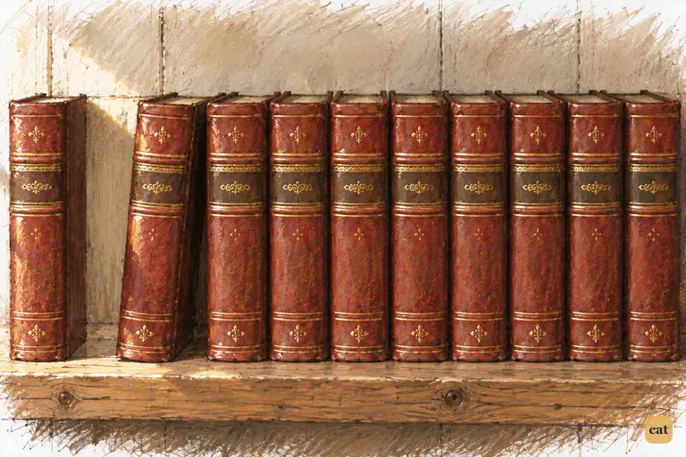 A row of new red-and-gold banking volumes stands on Nick's pine shelf, gleaming like fresh coins.