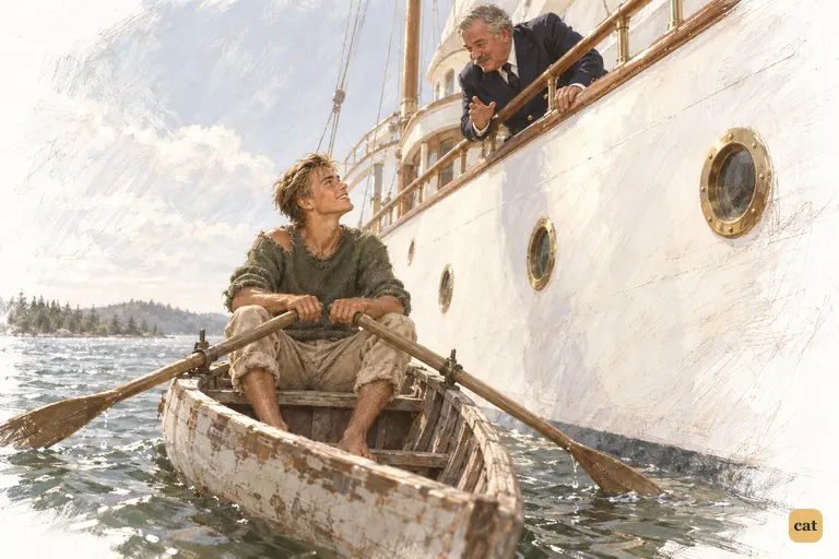 In a borrowed rowboat, barefoot James Gatz smiles up at Dan Cody on the Tuolomee