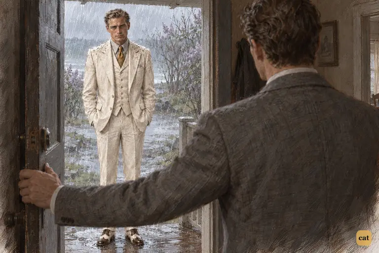 Gatsby stands in a puddle on Nick's rainy doorstep with his hands sunk in his pockets.