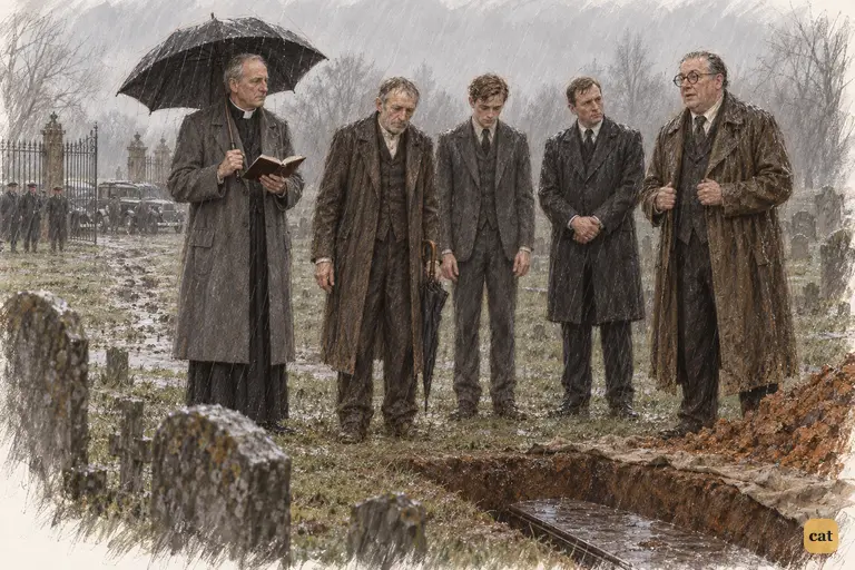 A few people stand in the grey drizzle at Gatsby's open grave, beside a bare heap of wet clay.