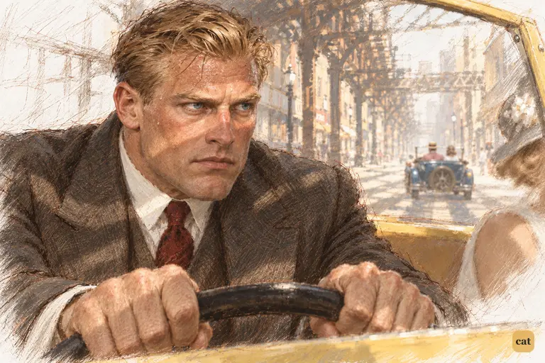 Tom Buchanan grips the wheel of the yellow car under the elevated's girders.