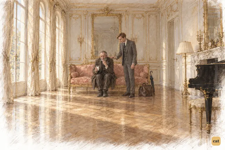 In Gatsby's music-room, his father sits hunched on the canapé with a glass of milk