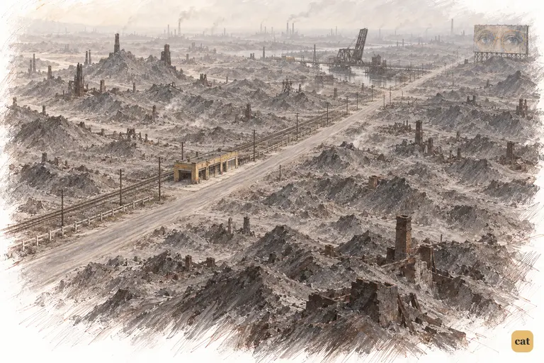 The valley of ashes lies still in the late-afternoon heat.