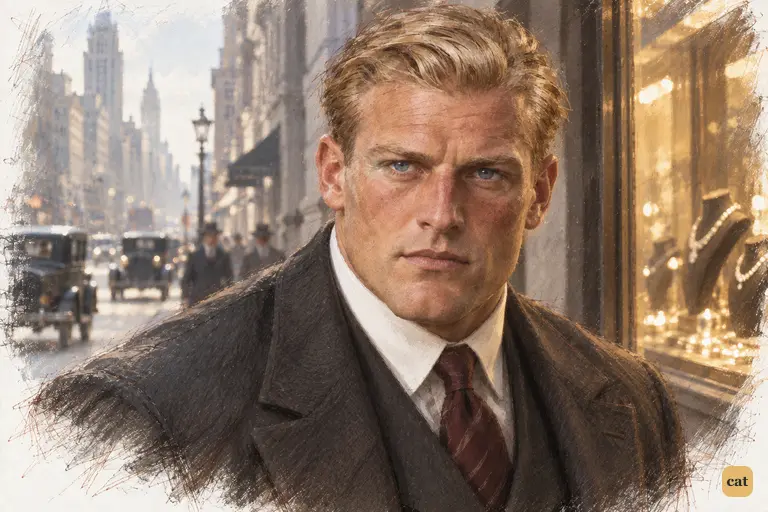 On Fifth Avenue, Tom Buchanan stares at Nick in silence in front of the jeweller's lit window.
