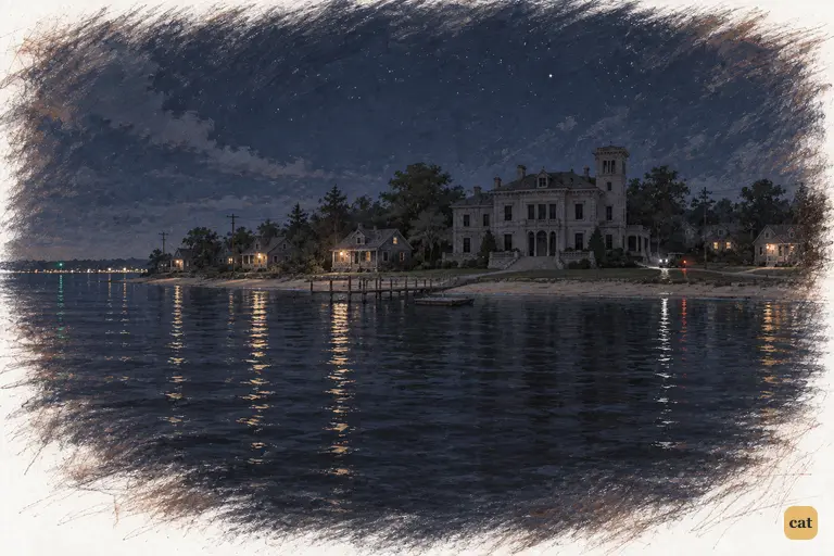 On a Saturday night, Gatsby's mansion stands dark among West Egg's lit cottages