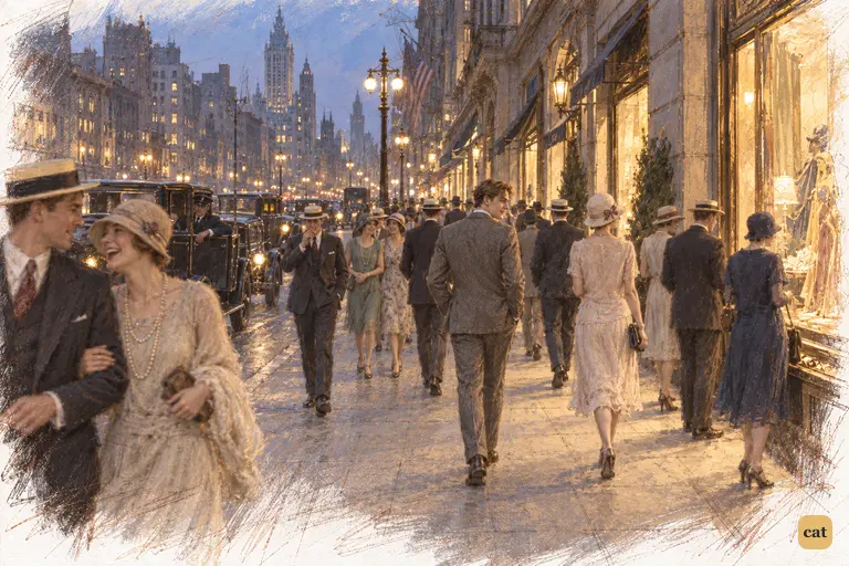 At twilight, Nick walks alone up Fifth Avenue among motorcars and lit shop windows