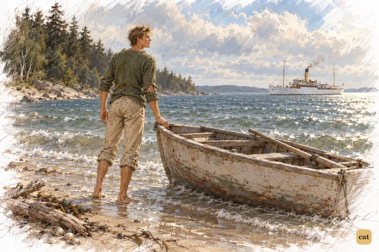 On Lake Superior's empty shore, 17-year-old James Gatz stands by a borrowed rowboat