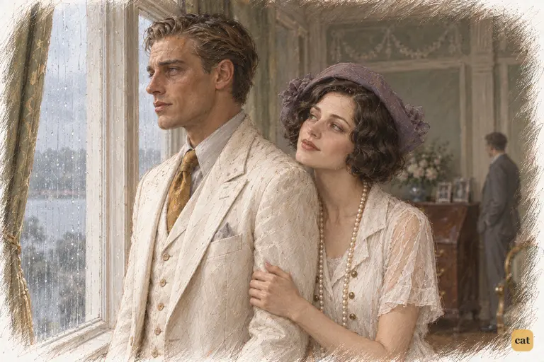 At the misty window, Daisy slips her arm through Gatsby's as he gazes at the grey Sound
