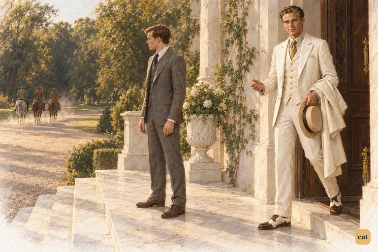 Gatsby steps out, dressed to follow riders already vanishing under the August trees