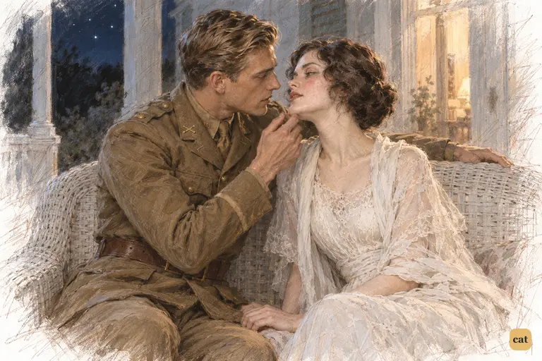 On a starlit Louisville porch, Daisy turns toward Lieutenant Gatsby on the wicker settee